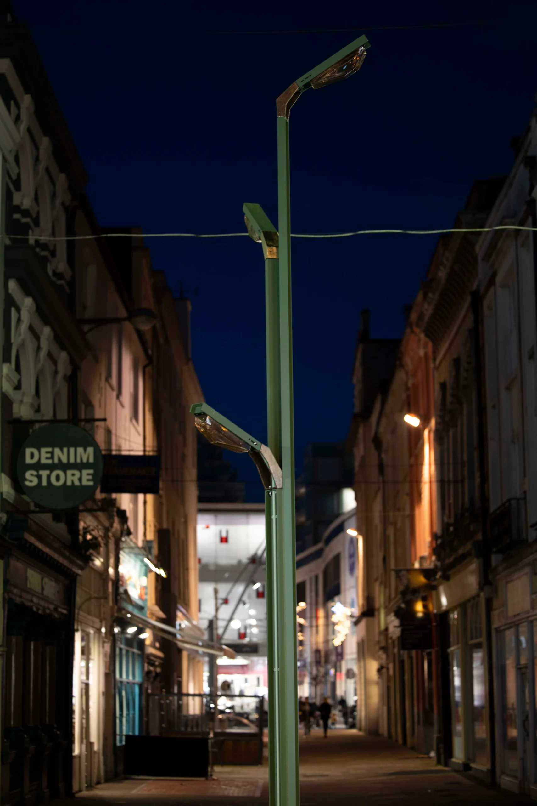 Night image of Boom Nouveau, sculptural light, commissioned public art work for Cork City Centre